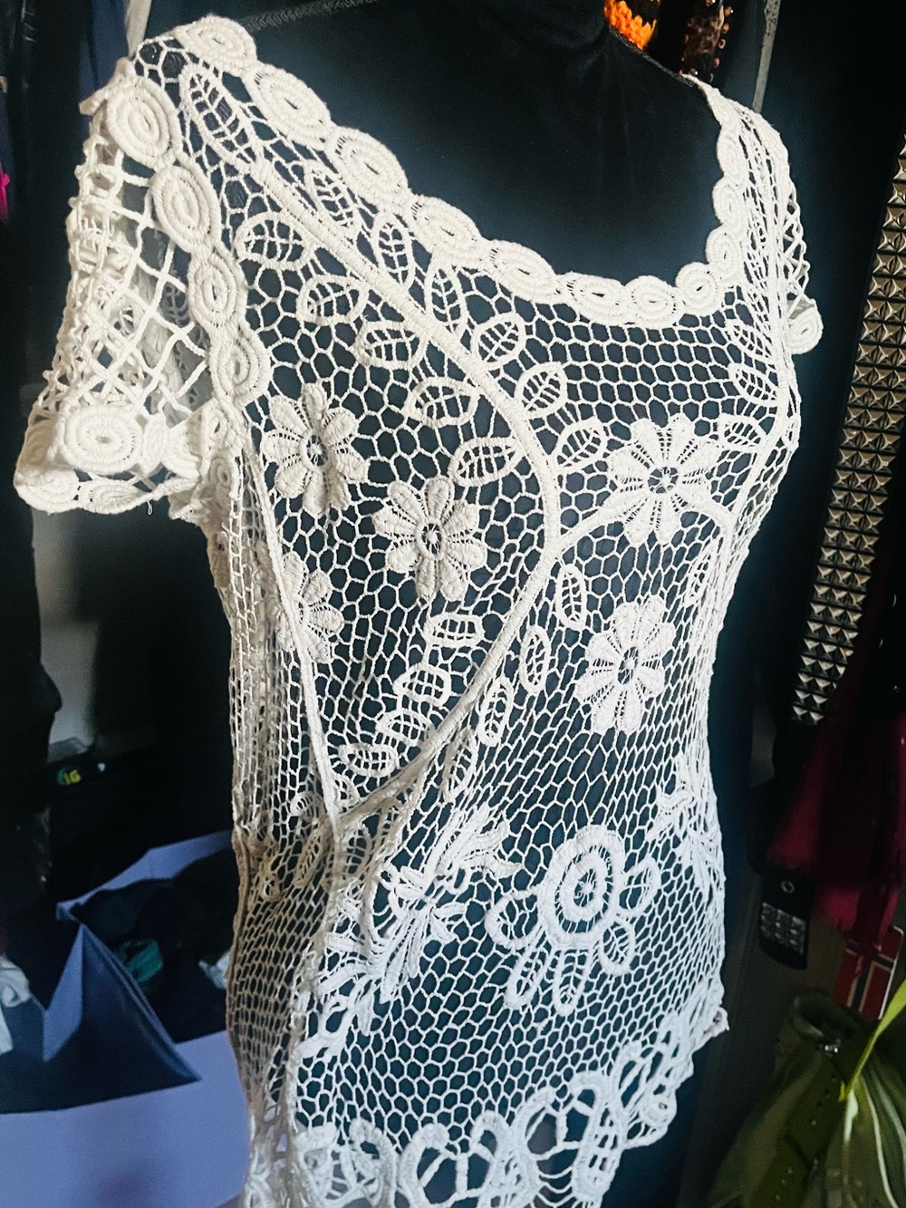 Boho Crochet Lace Short-Sleeve Top in Cream